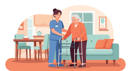 Flat illustration of a nurse assisting an elderly patient with a walker at home, symbolizing senior healthcare, rehabilitation, mobility support, and compassionate caregiving