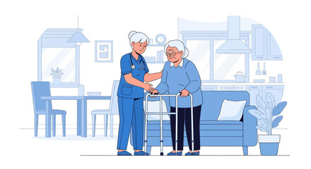 Flat illustration of a nurse assisting an elderly patient with a walker at home, symbolizing senior healthcare, rehabilitation, mobility support, and compassionate caregiving