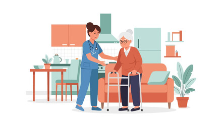 Flat illustration of a nurse assisting an elderly patient with a walker at home, symbolizing senior healthcare, rehabilitation, mobility support, and compassionate caregiving