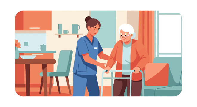 Flat illustration of a nurse assisting an elderly patient with a walker at home, symbolizing senior healthcare, rehabilitation, mobility support, and compassionate caregiving
