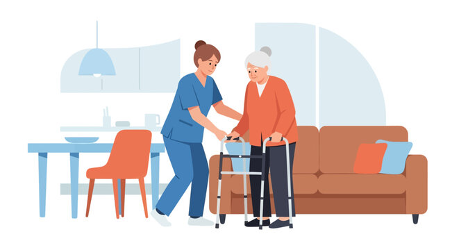 Flat illustration of a nurse assisting an elderly patient with a walker at home, symbolizing senior healthcare, rehabilitation, mobility support, and compassionate caregiving
