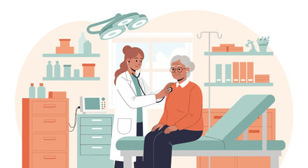 Flat illustration of a female doctor using a stethoscope to check an elderly woman in a medical office, representing senior healthcare, diagnosis, and professional medical support