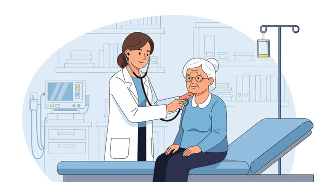 Flat illustration of a female doctor using a stethoscope to check an elderly woman in a medical office, representing senior healthcare, diagnosis, and professional medical support