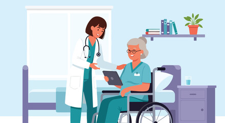 Flat illustration of a doctor showing medical information on a tablet to an elderly woman in a wheelchair, representing senior healthcare, digital medicine, and compassionate patient support