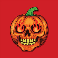 Halloween Pumpkin skull fire on eyes vintage style illustration design