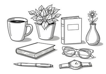 Hand-drawn sketch illustration set of cozy home office and study essentials. Vector line art of book, plant, coffee, glasses, and watch.