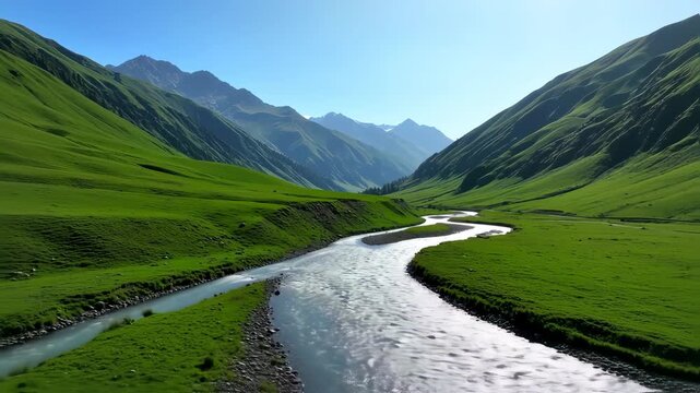 Lush valley with winding river and majestic mountains