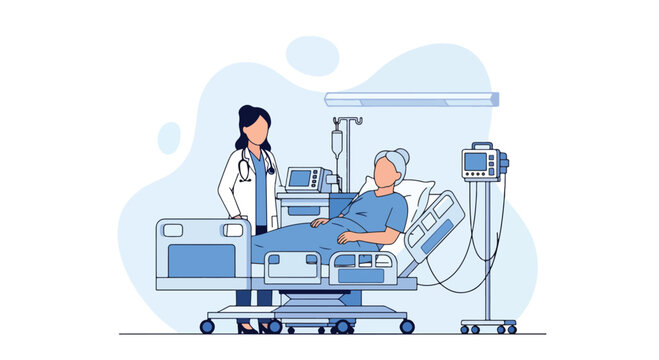 Flat illustration of a female doctor caring for an elderly woman in a hospital bed, representing senior healthcare, compassion, recovery, and supportive medical assistance.