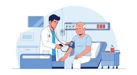 Flat illustration of a doctor measuring blood pressure of an elderly patient in a hospital bed, symbolizing senior healthcare, prevention, and professional medical support