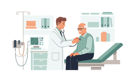 Flat illustration of a doctor using a stethoscope to examine an elderly patient in a medical office, symbolizing senior healthcare, diagnosis, and professional medical support