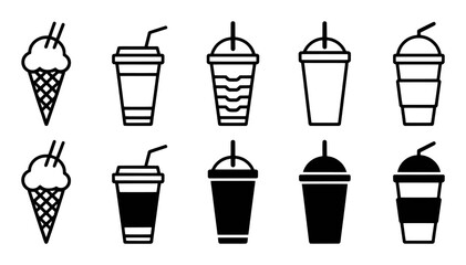 Collection of Ice Cream Cones and Disposable Drink Cups with Straws