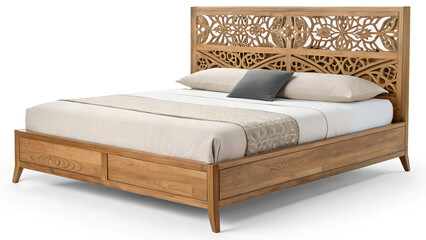 A wooden bed frame with a carved headboard and white bedding and a gray pillow 