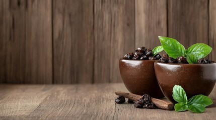 Fototapeta premium Fresh herbs and dried berries in bowls on wooden table with rustic background for culinary inspiration and natural cooking