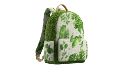 Green backpack with plant design.  Eco-friendly, textured