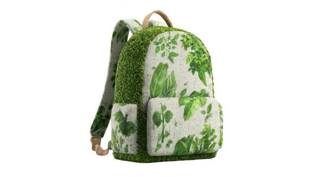 Green backpack with plant design.  Eco-friendly, textured