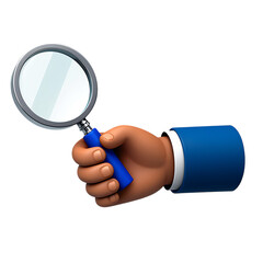 High quality png 3d illustration of cartoon hand holding a magnifying glass isolated on transparent background, a symbol of search and investigation transparent background