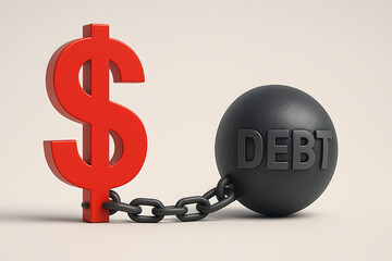 Debt financial burden concept, red dollar sign chained to heavy ball, money crisis pressure, economic hardship and loan stress, bankruptcy risk, financial struggle metaphor, personal finance problem a