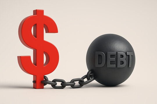 Debt financial burden concept, red dollar sign chained to heavy ball, money crisis pressure, economic hardship and loan stress, bankruptcy risk, financial struggle metaphor, personal finance problem a