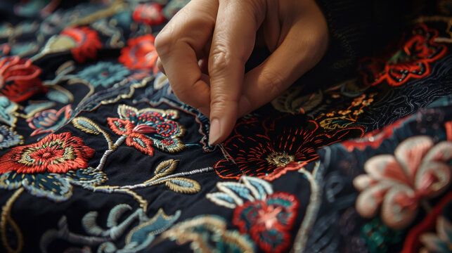 The embroidery technique appears handcrafted, with slight variations that highlight artisanal skill and authenticity