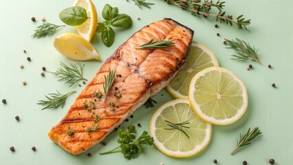 Grilled Salmon with Lemon and Herbs on Pale Green Background