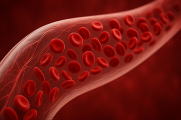 Red blood cells flowing through human vein macro visualization concept, microscopic view of erythrocytes inside artery vessel, cardiovascular circulation system, oxygen transport biology, medical scie