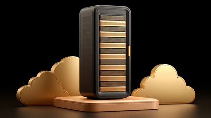 Cloud server data center with golden clouds and platform concept