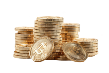 Gold Bitcoin stacks,  numerous coins in a pyramid-like arrangement