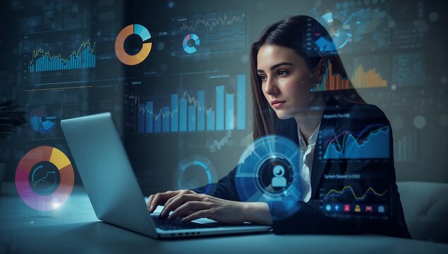 Woman data analyst with business dashboards and cybersecurity icons in modern office