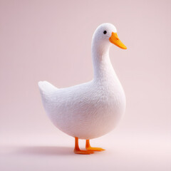 Obraz premium White goose standing on pastel pink background, detailed volumetric 3D model with soft feathers, orange beak and feet, calm and serene expression, studio lighting