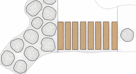 Decorative top view garden design vector illustration with stone pathway, wooden terrace, and circular plants for landscaping and outdoor planning.
