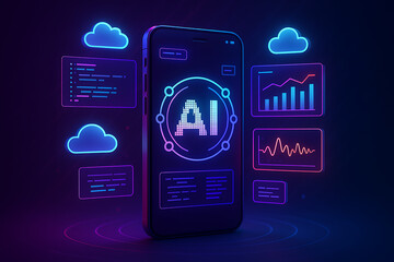 A 3D render of a smartphone app interface with an AI icon, surrounded by various futuristic holographic data panels and charts