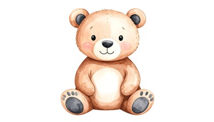A charming, watercolor-style teddy bear, sitting, with a sweet and gentle expression.