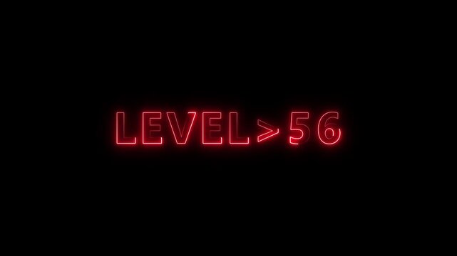 Level Fifty six text font with neon light. Level 1 neon sign. Rainbow color letters spelling out level Up appear .Glowing neon pink green color LEVEL text animation.4k level text.