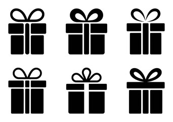 Collection of Six Black Gift Box Icons with Ribbons