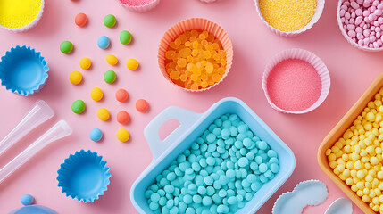 Overhead view of colorful candy sprinkles and decorations for baking on a pink surface. Baking concept.