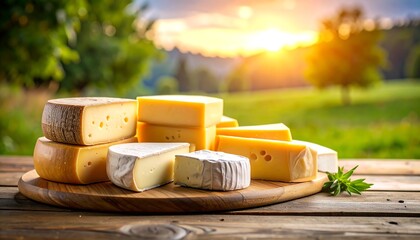 Assorted cheeses displayed on a wooden board, bathed in the warm glow of a rural sunset.