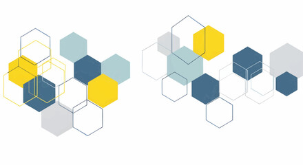 Abstract geometric hexagon vector design in blue and yellow color palette representing science, technology, and digital modern background structure.