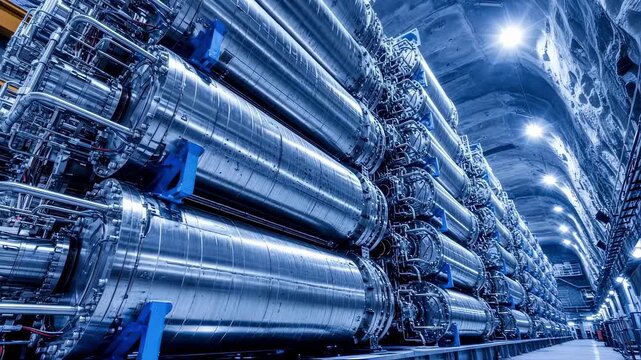 Lowangle shot capturing the immense scale of cryogenic magnet modules stacked inside a particle accelerator facility carved deep underground.