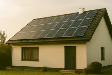 Fototapeta premium Solar panel equipped house under gentle evening light