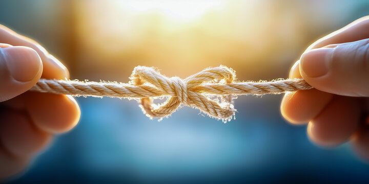 Hands holding tightly onto a knot tied in rope