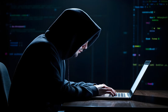 Unbekannte Person in Kapuze beim Hacken am Laptop - Soziale Themen - Symbolfoto - Archivbild Vorlage