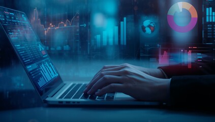 Financial analytics charts on laptop with rising graphs and global market data