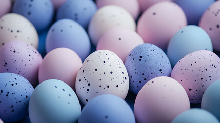 Close-up of pastel-colored Easter eggs with speckled patterns.