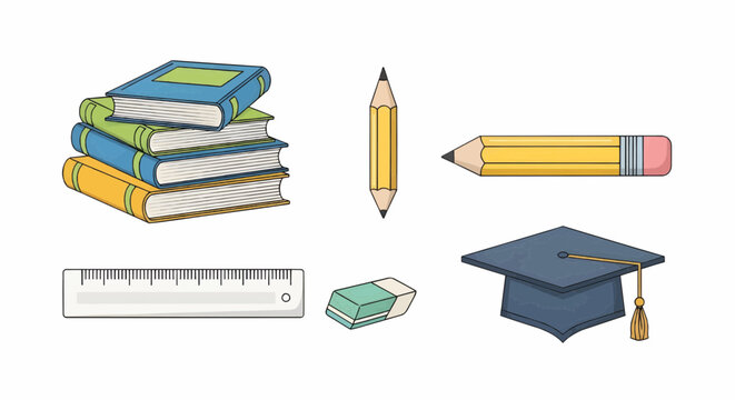 Education and study vector icons including stack of books, graduation cap, pencil, and notebook representing academic knowledge and learning.