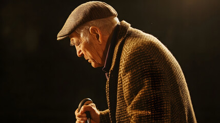 Elderly man in profile, holding a cane and wearing a tweed coat and cap.