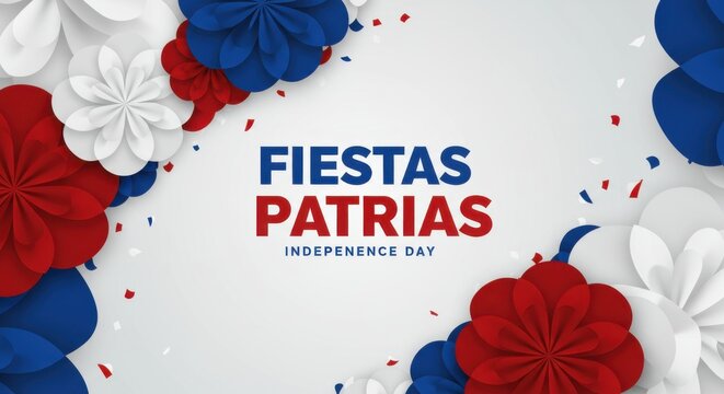 Chile Fiestas Patrias Banner Design with Red Blue White Festive Flowers 