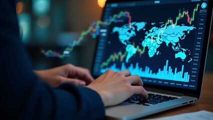 Trader analyzing global stock market data on computer financial charts and world map