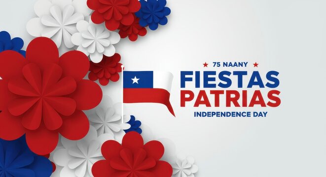 Chile Fiestas Patrias Banner Design with Red Blue White Festive Flowers 
