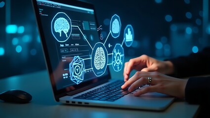 Machine learning workflow diagram on laptop screen data pipeline and Mops automation