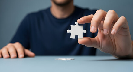 Man's Hand Holding a White Puzzle Piece, Symbolizing Solution and Connection